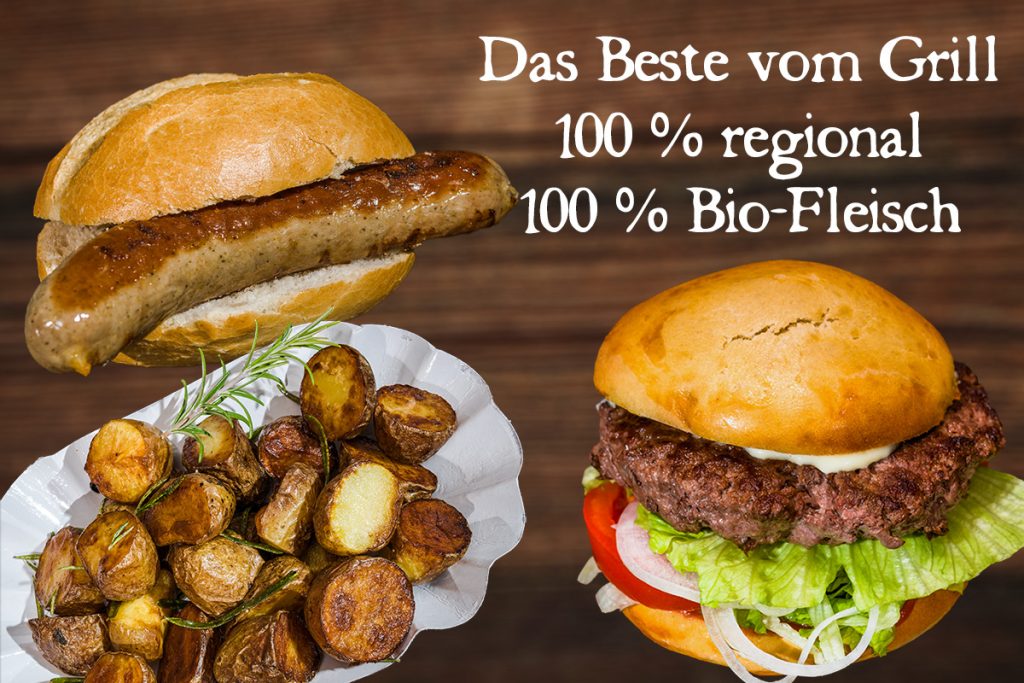 Grillspezialitäten aus Biofleisch, Bratwurst, Hamburger, Bratkartoffel
